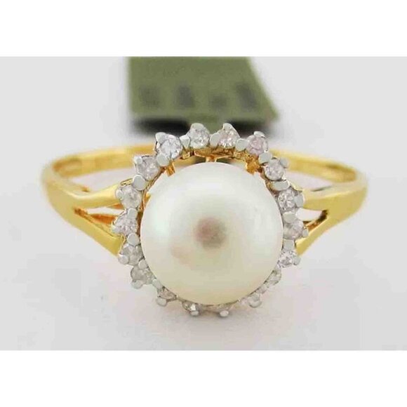 Genuine 7 mm Pearl & Diamond Ring 14k Yellow Gold
